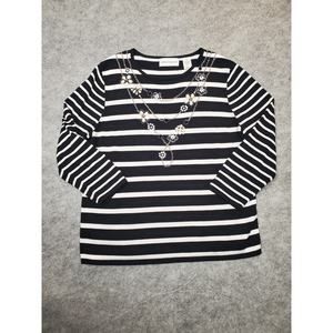Alfred Dunner Women's S Black & White Stripe Sweater With Floral Embellishment